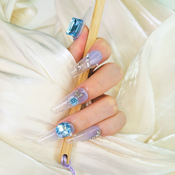 029 - Blue Square Diamond Acrylic Fake Nails for Finger - 10pcs/Box