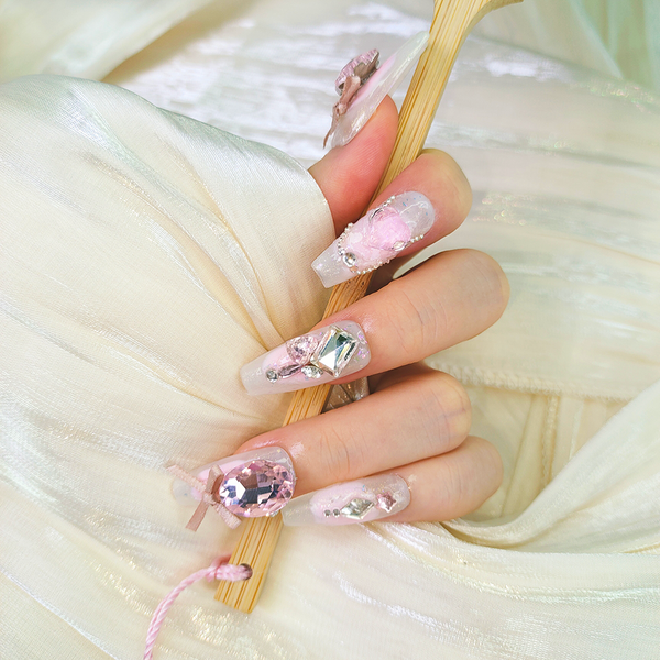 028-Princess Pink with Diamonds Nail Manicure